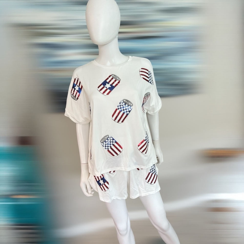 Cutest patriotic sequin “can” two piece short set S M L XL - Picture 8 of 12